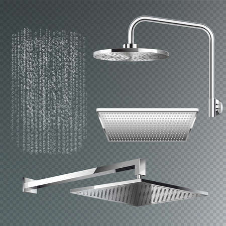 Realistic set of modern shower heads of different shapes on transparent background vector illustrationのイラスト素材