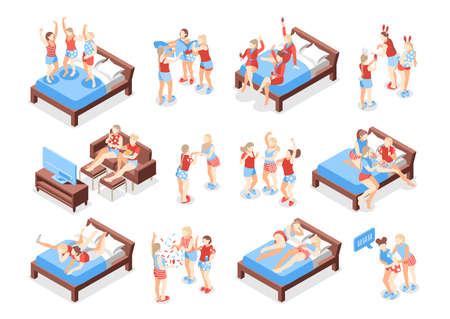 Pajama party isometric recolor set of isolated icons with human characters in nightwear on blank background vector illustrationのイラスト素材