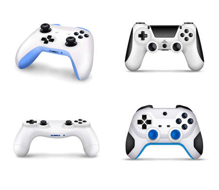 Realistic set of various models of controllers for video game console on white background isolated vector illustrationのイラスト素材