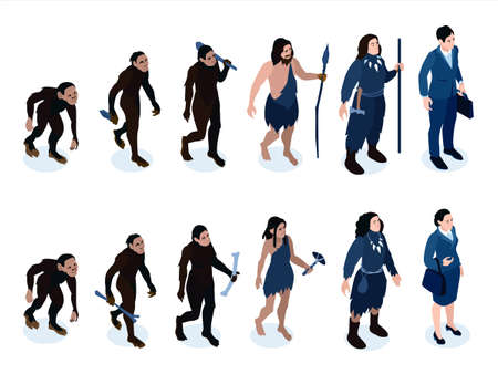 Isometric human evolution color set with characters of neanderthal men and women with instruments of labour vector illustrationのイラスト素材