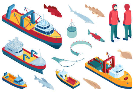 Commercial fishing trawlers for industrial seafood production color set isometric vector illustrationのイラスト素材