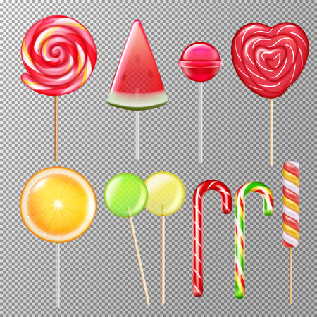 Candies lollypops various tastes shapes flavors realistic set with striped swirl heart cane ball transparent vector illustrationのイラスト素材