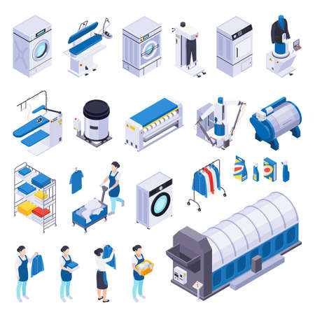 Laundry washing set of isometric icons with isolated human characters washing machines detergents and skirt boards vector illustrationのイラスト素材
