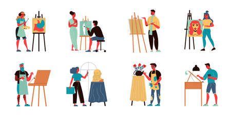 Set of isolated artist icons with doodle characters of painters and sculptors with paintings drawing easels vector illustrationのイラスト素材
