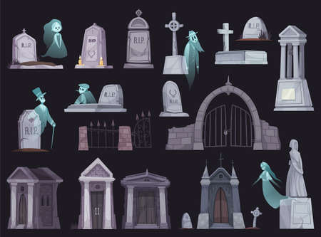 Cartoon icons set with old cemetery fence chapel tombstone crypt cross and ghost isolated on black background vector illustrationのイラスト素材