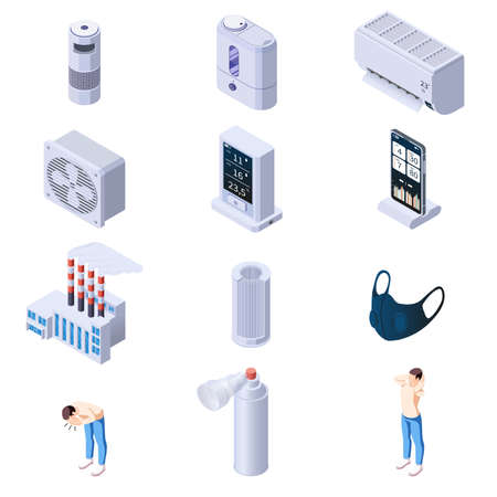 Air purification quality control isometric set of isolated icons with human characters and cleaner appliance images vector illustrationのイラスト素材