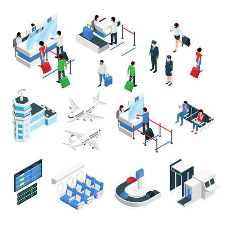 Airport terminal isometric set with airplanes flight crew passengers check in security gates luggage carousel vector illustrationのイラスト素材
