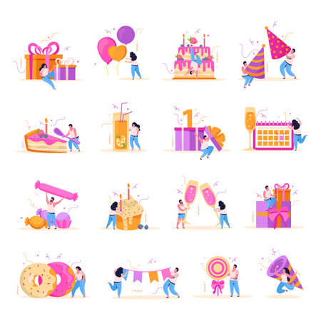 Set of isolated birthday flat icons with human characters and sweets with balloons gifts and decorations vector illustrationのイラスト素材