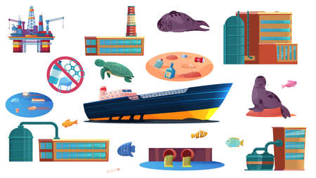 Ocean pollution flat set of industrial objects polluting water surface waste products and sea inhabitants isolated vector illustrationのイラスト素材