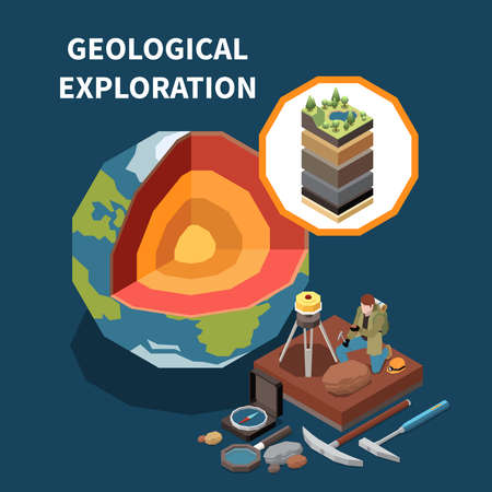 Geology earth exploration isometric colored composition with geological exploration description equipment for work and types of soils vector illustrationのイラスト素材