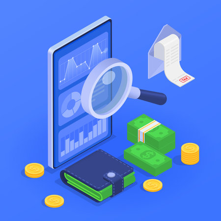 Financial audit concept with budget inspection symbols isometric vector illustrationのイラスト素材