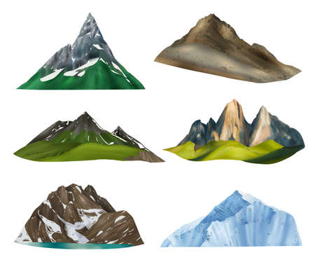Realistic mountains set of six isolated images with cliff ranges on various weather seasons and height vector illustrationのイラスト素材