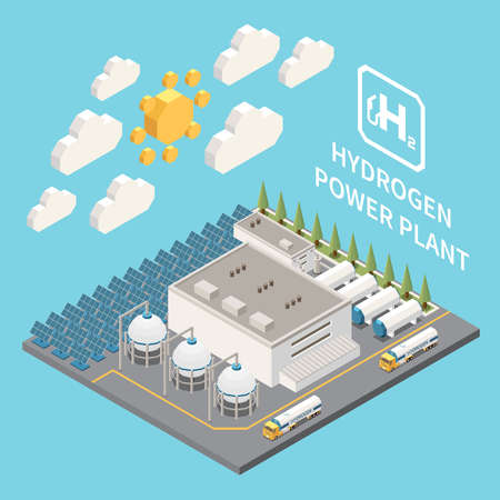 Green hydrogen power generation plant facility exterior electrolysis cylinders pipeline building solar panels isometric view vector illustrationのイラスト素材