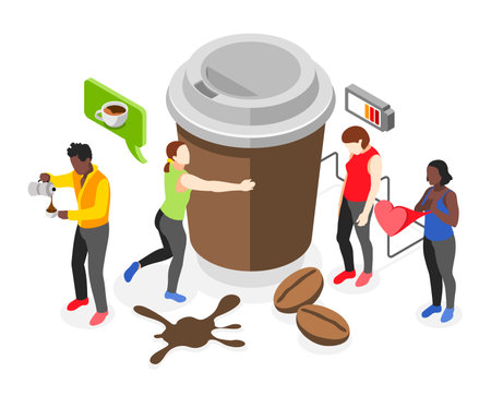 Coffee isometric design concept with small people characters around big paper cup of coffee vector illustrationのイラスト素材