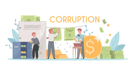 Corruption money laundering symbols business deals contracts with bribes illegal unauthorized budget use cartoon composition vector illustrationのイラスト素材