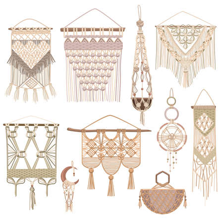 Macrame style objects set of handcrafted wall hanging and kashpo for home flowerpot isolated on...