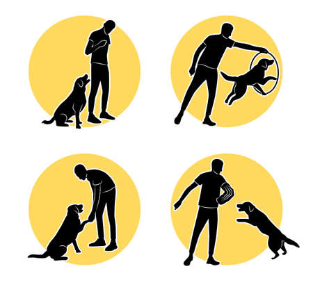 Set of four isolated dog training flat round compositions with silhouettes of dog trainer and tricks vector illustrationのイラスト素材