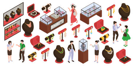 Isometric set with various jewelry shop display stands customers and sellers isolated on white background 3d vector illustrationのイラスト素材