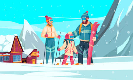 Winter ski resort cartoon composition with young family on skis in snow mountains peaks on background vector illustrationのイラスト素材