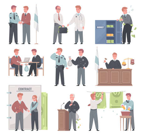 Corruption money laundering crimes cartoon set with bribing officials doctor employer lawyer accepting dirty money vector illustrationのイラスト素材