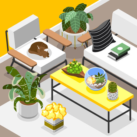 Florarium background with houseplants cat and interior decoration isometric vector illustrationのイラスト素材