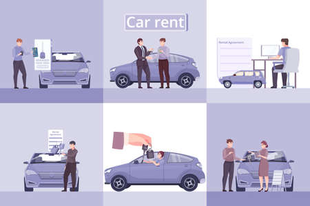 Set of six square compositions with flat transport sharing images human characters car keys and agreement vector illustrationのイラスト素材