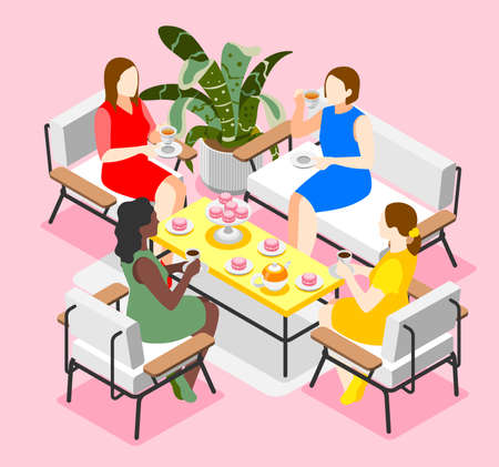 Tea day gathering concept with cupand cakes isometric vector illustrationのイラスト素材