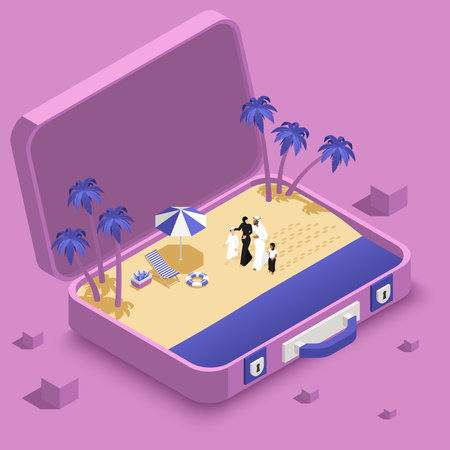 Arab muslims saudi modern isometric people composition with suitcase and beach coastline with walking family members vector illustrationのイラスト素材