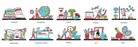 School education subject color set of isolated compositions with human characters learning resources and editable text vector illustrationのイラスト素材