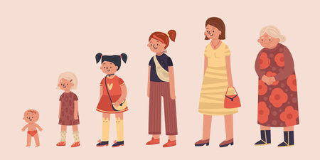 Generation women composition with set of isolated female characters of baby teenage girls mature and...