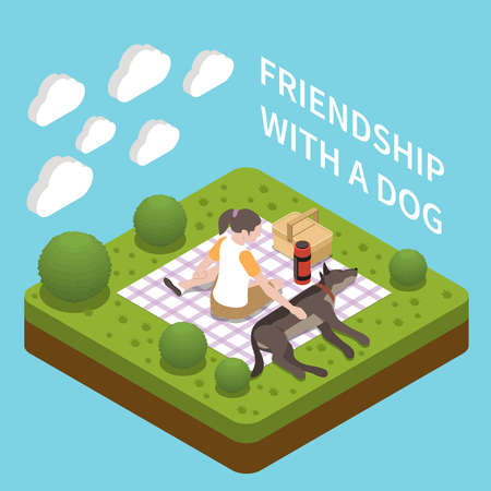 Dog sitter walker isometric composition with friendship symbols vector illustrationのイラスト素材