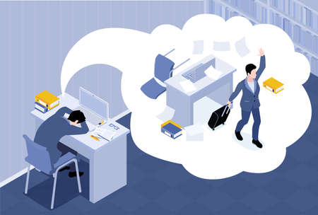 Business stress background with exhaustion syndrome symbols isometric vector illustrationのイラスト素材