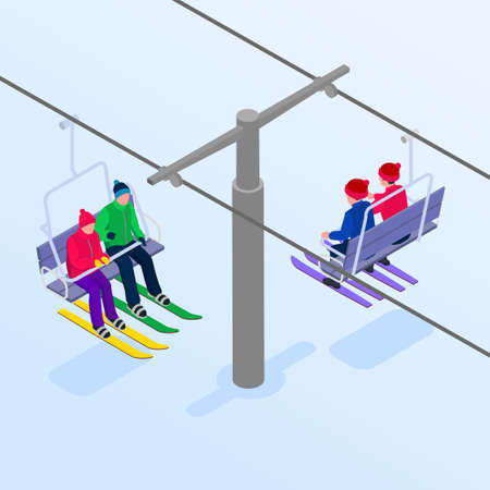 People on ski lift in winter on mountain resort 3d isometric vector illustrationのイラスト素材