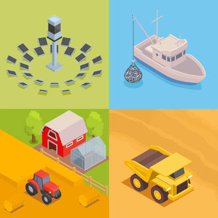 Isometric natural resources 2x2 design concept with agriculture truck transporting coal fishing ship solar energy 3d isolated vector illustrationのイラスト素材