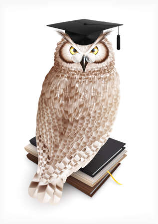 Owl bachelor realistic composition with bird sitting on books stack wearing academic hat on blank background vector illustrationのイラスト素材