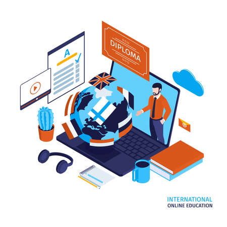 Isometric concept of international online education with teacher on laptop screen diploma test paper student workplace 3d vector illustrationのイラスト素材