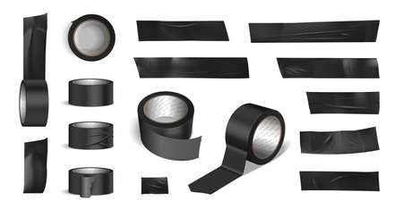 Tape roll black pieces realistic set with stationery symbols isolated vector illustrationのイラスト素材