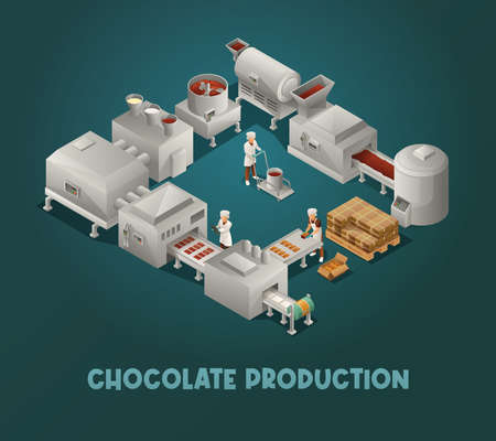 Chocolate production isometric poster with people working on modern equipment of chocolate factory vector illustrationのイラスト素材