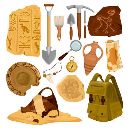 Set with isolated archeology ancient artifacts icons with images of digging tools and elements of antiquity vector illustrationのイラスト素材