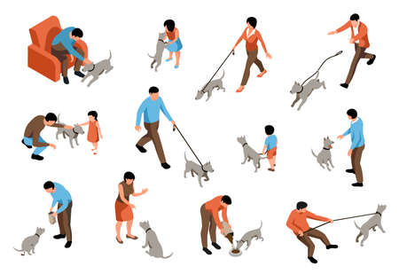 Dog owner color set with daily life and fun symbols isometric isolated vector illustrationのイラスト素材