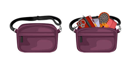 Trendy waist bag set with isolated images of closed and open belly bags of purple color vector illustrationのイラスト素材