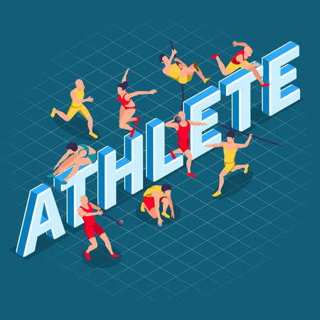 Sportsman athletics isometric composition of 3d text and small human characters of athletes holding sport equipment vector illustrationのイラスト素材