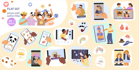 Photo edit composition with set of flat isolated stickers face masks and smartphones with touchscreen apps vector illustrationのイラスト素材