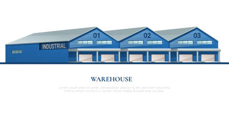 Industrial warehouse flat composition with three similar large storage hangars with gates for transport vector illustrationのイラスト素材