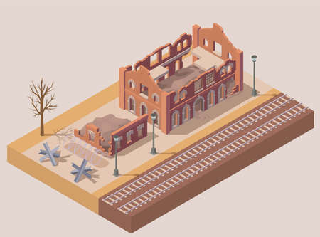 Ruined destroyed city building with railway isometric vector illustrationのイラスト素材