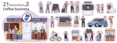 Coffee to go composition set with business symbols flat isolated vector illustrationのイラスト素材