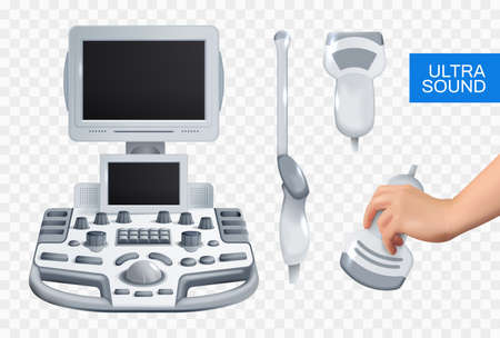 Ultrasound realistic design concept set of medical equipment for ultrasonography checkup on transparent background isolated vector illustrationのイラスト素材