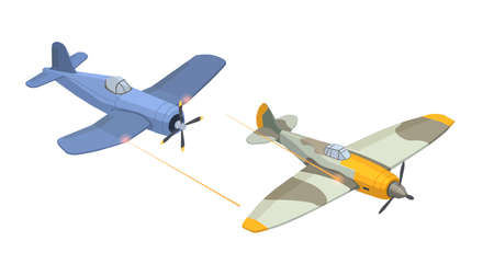 WWII military vehicles isometric set with aircraft fight vector illustrationのイラスト素材