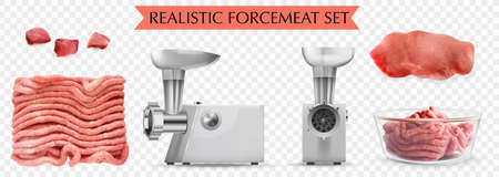 Forcemeat transparent set of beef pieces minced meat and electric meat grinder realistic isolated vector illustrationのイラスト素材