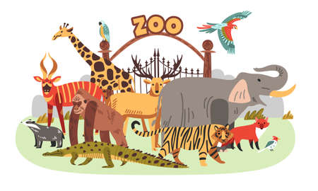 Zoo colored composition various large animals standing in front of the zoo gates vector illustrationのイラスト素材